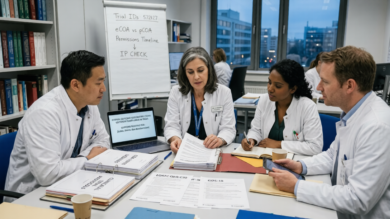 Clinical project team reviewing permissions, trial IDs, and copyright paperwork for clinical outcome assessments.