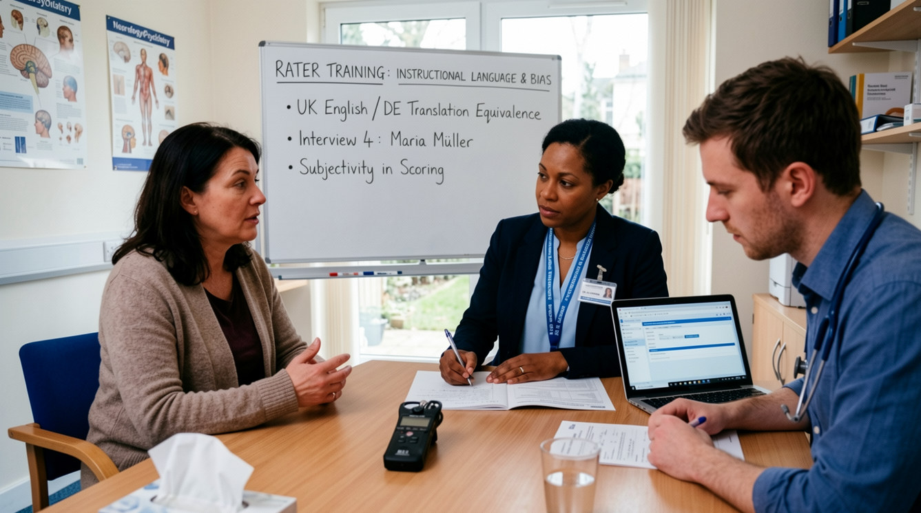 Clinical training session where a multilingual team discusses instructional language, translation equivalence, and rater scoring.