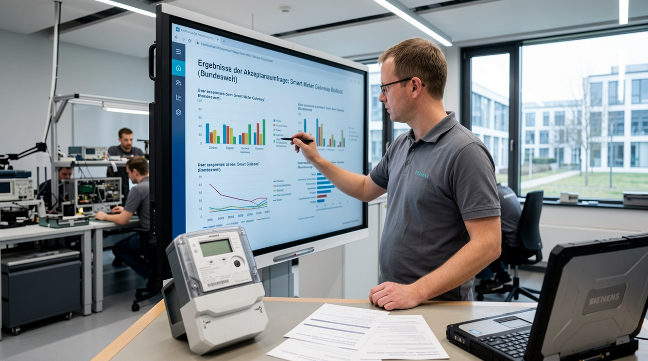 Engineer presenting German-language technical data on a large screen in a modern lab environment.