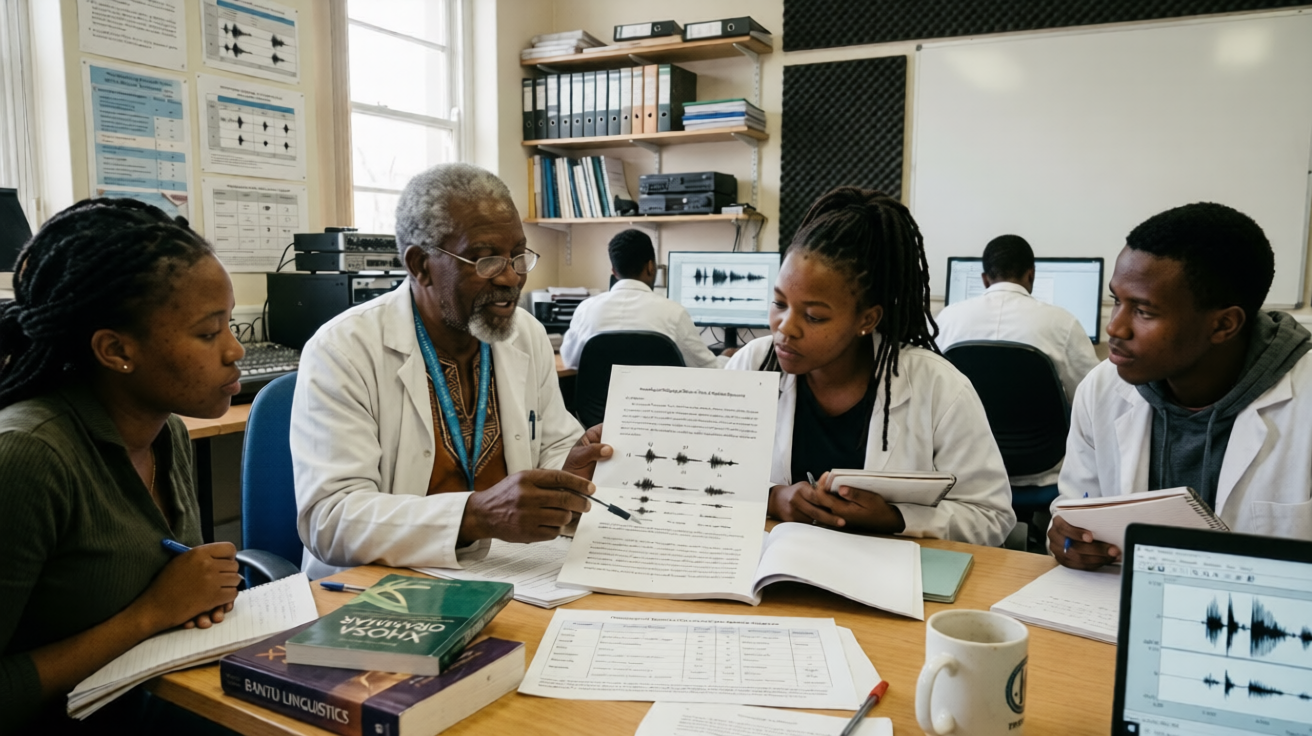 Linguistics students and a professor reviewing Xhosa speech materials and phonetic notes together in a classroom.