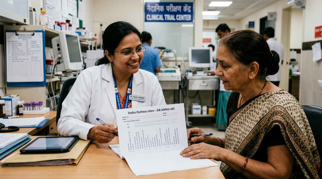 Clinician discussing a Hindi-language clinical trial form with a patient at an Indian clinical trial center.