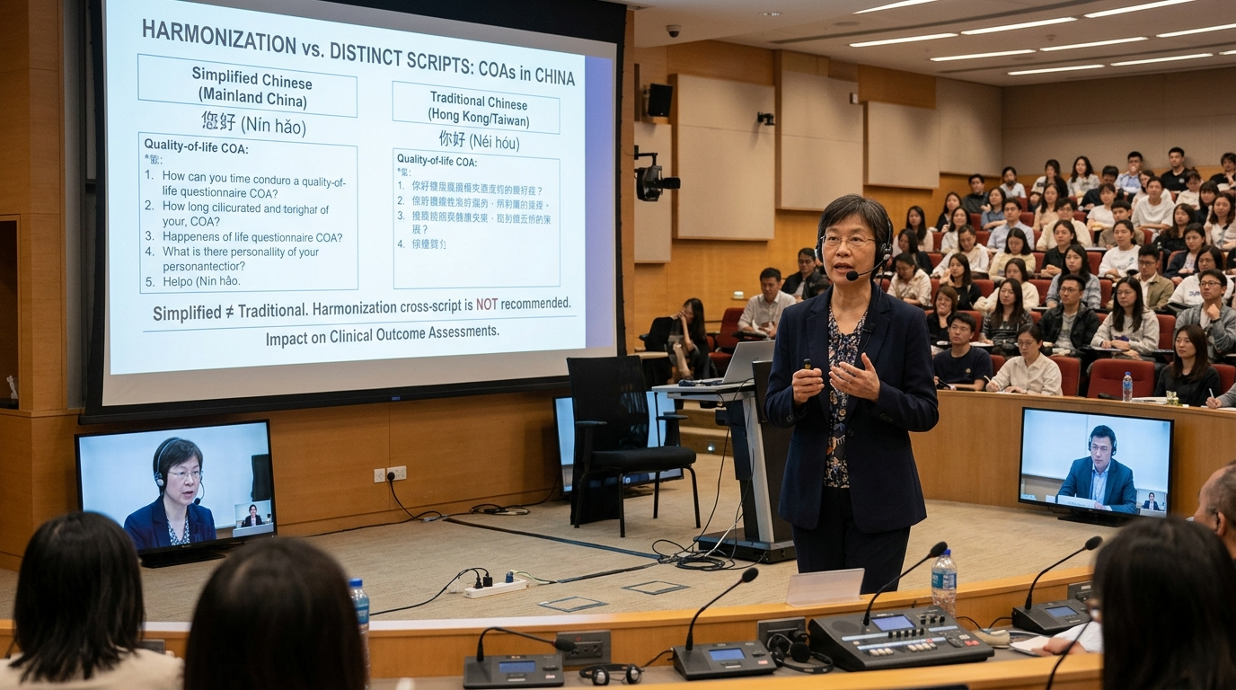 Conference presentation comparing simplified and traditional Chinese scripts to explain when harmonized translations are appropriate and when they are not.