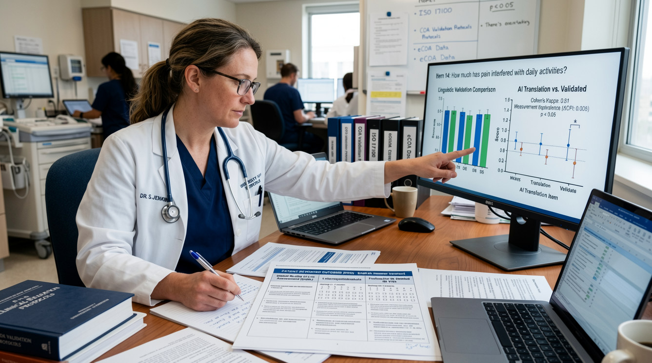 Clinician reviewing validation data and AI translation comparison charts for a clinical outcome assessment.