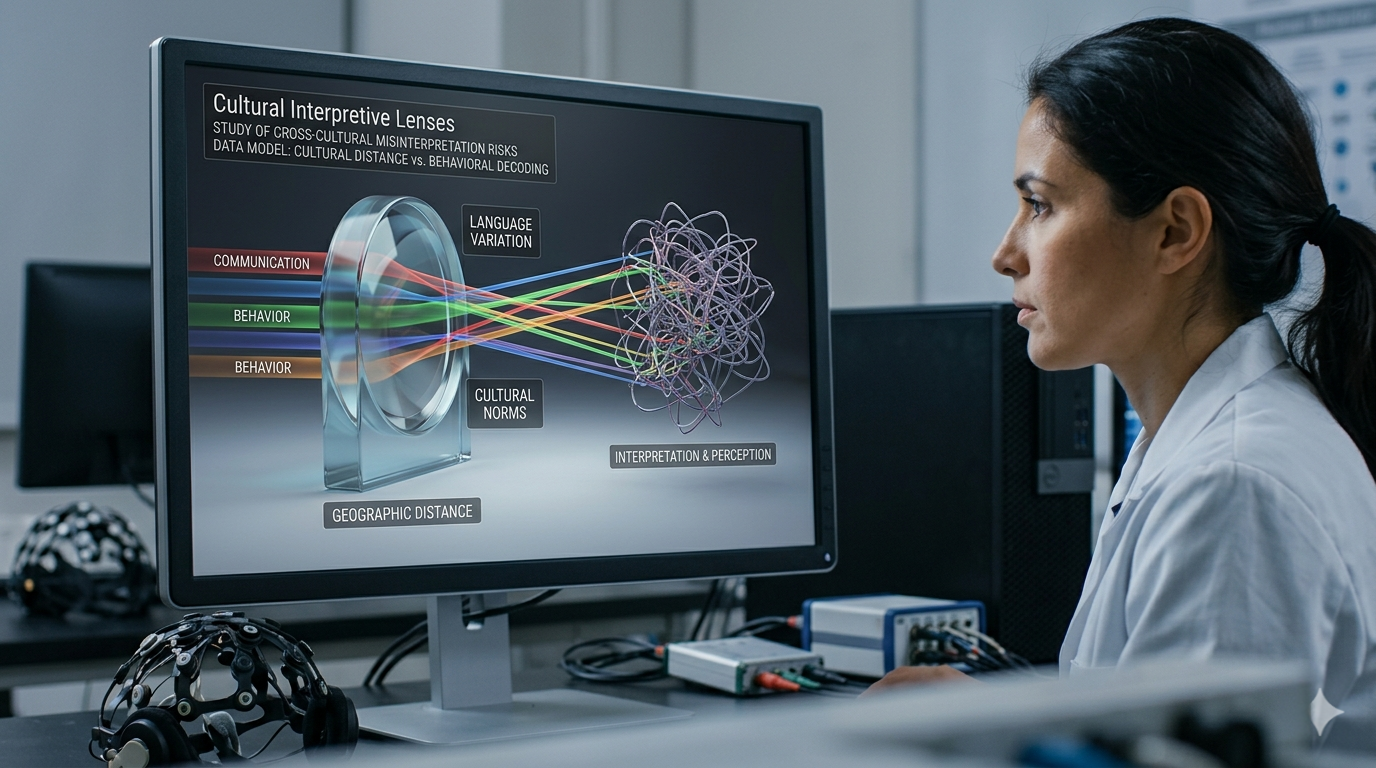 Researcher reviewing a visual model about cultural interpretation, language variation, and communication through an interpretive lens.