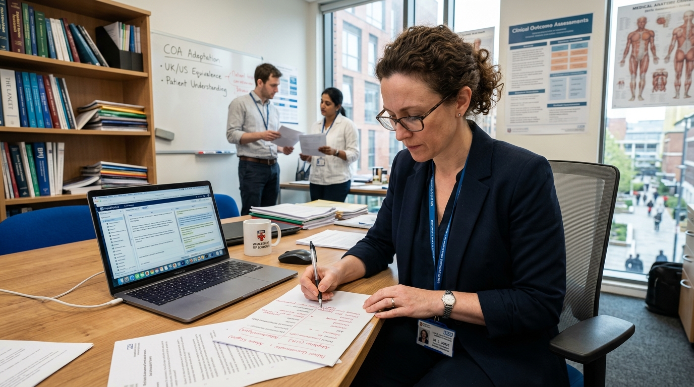 Editor reviewing clinical assessment wording while comparing UK and US English usage in a medical office.